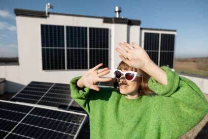 happy woman on rooftop with solar plant 2022 12 03 03 57 06 utc